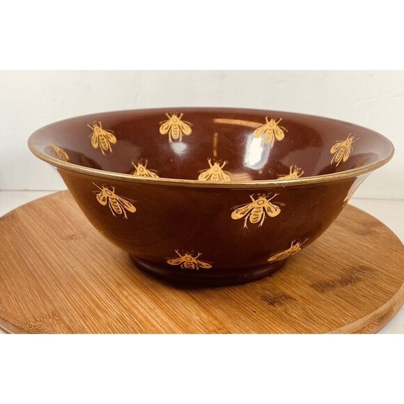 Bumble Bee Bowl Hand Painted Decorative Bowl Dish Andrea By Sedek Maroon & Gold - Picture 1 of 6